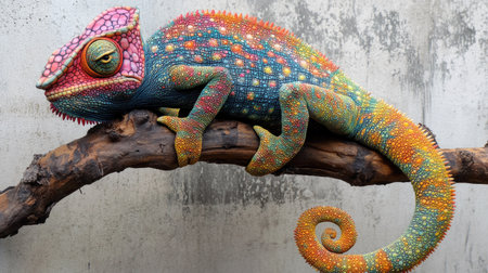 A stunning close-up of a colorful chameleon resting on a branch, showcasing its intricate texture and vibrant patterns that highlight its unique beauty.の素材