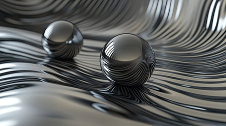 Two metallic spheres rest on a flowing wavy surface, creating a stunning visual effect. The interplay of light and shadow enhances the abstract quality, inviting viewers to explore the depth and texture.の素材