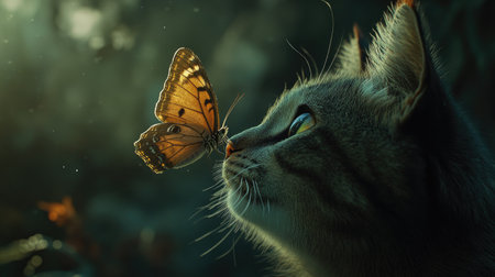A charming scene capturing a cat in awe of a delicate butterfly. The soft lighting enhances the serene atmosphere, showcasing the beauty of nature.の素材