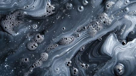 This abstract background features dark fluid patterns with bubbles, showcasing a unique artistic design perfect for creative projects and visual inspiration.の素材
