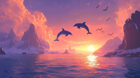 Experience the beauty of nature with these dolphins leaping joyfully against a vivid sunset over a tranquil ocean, showcasing an enchanting seascape.の素材