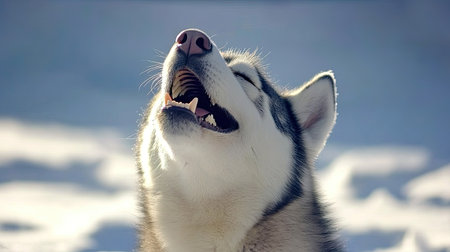A captivating Siberian Husky howling joyfully against a bright winter sky, showcasing its fluffy fur and vibrant personality in a snowy environment.の素材