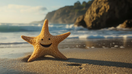 A cheerful starfish with a smiling face rests on a sandy beach, surrounded by gentle ocean waves. This vibrant scene captures a moment of tranquility in nature.の素材
