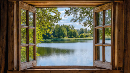 Discover a breathtaking view of a serene lake framed by a rustic open window. Immerse yourself in the peaceful landscape filled with vibrant greenery and sunlight.の素材