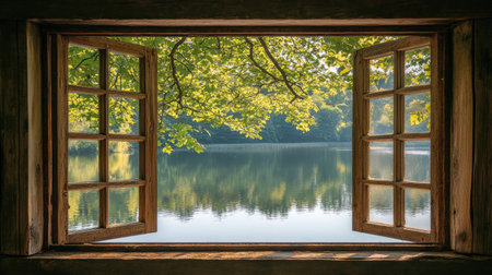 A serene view from a rustic wooden window, showcasing a tranquil lake surrounded by lush greenery, reflecting vibrant colors under bright sunlight.の素材