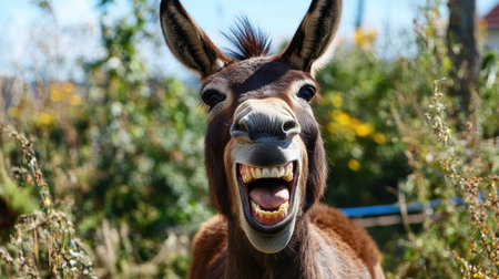 A joyful brown donkey with a big, open smile captured on a sunny day in a vibrant outdoor setting, showcasing its playful and cheerful character.の素材
