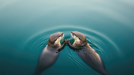 Two lively otters swim together in a tranquil body of water, showcasing their playful interaction and close bond in a peaceful aquatic setting.の素材