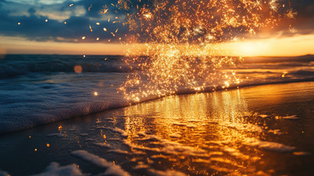 A captivating sunset view over the ocean where sparkling lights dance on the water surface. This serene moment evokes tranquility and beauty.の素材