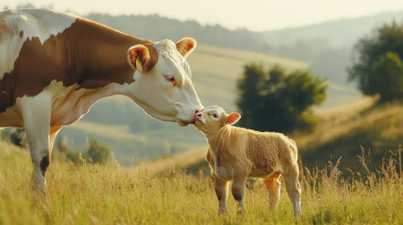 A heartwarming scene depicting a cow and her calf sharing a gentle moment in a lush green meadow under soft sunlight, symbolizing love and nurturing.の素材