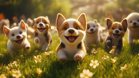 A delightful scene of playful corgi puppies running joyfully through a sunlit flower field, exuding happiness and innocence in nature's vibrant setting.の素材