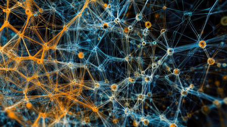 This abstract network design features glowing connections in orange and blue, set against a dark background. Ideal for technology and science themes.の素材