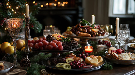 A beautifully arranged festive table showcasing a variety of holiday foods, fruits, and decorations, creating a warm and inviting atmosphere for festivities.の素材