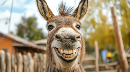 This delightful image captures a happy donkey grinning broadly in a sunny countryside setting. The playful expression and warm sunlight create a joyful atmosphere.の素材