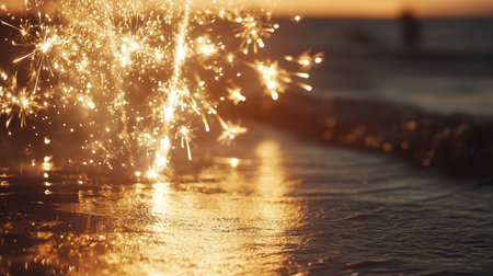 Glimmering sparks illuminate the shoreline at sunset, creating a mesmerizing reflection on the water. A perfect capture of summer festivities and tranquility.の素材
