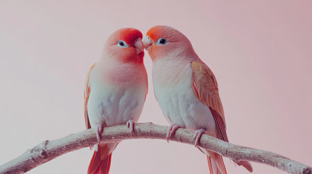 Two charming lovebirds share an affectionate moment perched on a branch. Set against a soft pink background, their colorful plumage highlights their bond and beauty.の素材