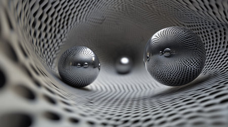 This captivating abstract image features metallic spheres set within a geometric maze, creating a visually stunning exploration of texture and light in modern art.の素材