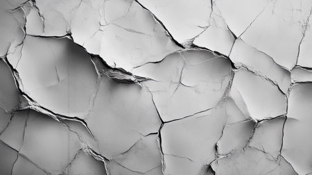 A close-up view of cracked and peeling white paint reveals a rough surface texture. This abstract background showcases patterns of damage and deterioration, perfect for artistic projects.の素材