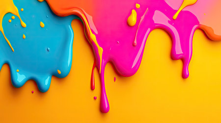 A vibrant and colorful background featuring dynamic paint drips in blue, pink, and orange, creating a cheerful and artistic atmosphere perfect for modern designs.の素材