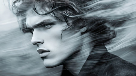 This striking portrait captures a young man's intense expression with flowing hair in motion. The black and white aesthetic enhances the drama and emotion.の素材