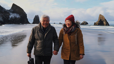 An elderly couple walks hand in hand along a serene beach, enjoying the beauty of nature. The peaceful scene captures their joyful relationship against a stunning backdrop.の素材
