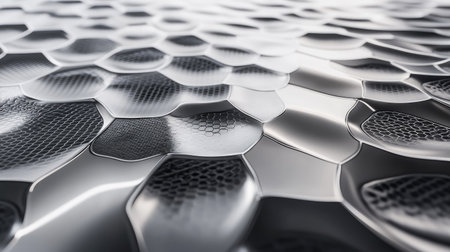 Explore the captivating beauty of a close-up metallic surface featuring intricate honeycomb patterns. The reflective and smooth design creates an abstract visual experience.の素材