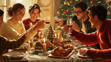 A joyful holiday gathering featuring friends celebrating Christmas dinner with a festive table full of delicious food, wine, and warm smiles.の素材