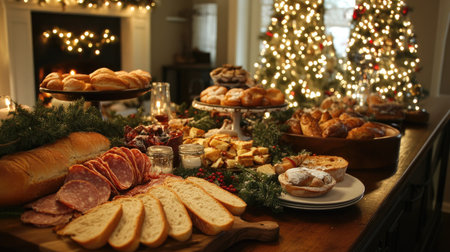 A beautifully arranged holiday table showcasing an array of delicious treats, including bread, pastries, and festive decorations, perfect for memorable gatherings.の素材