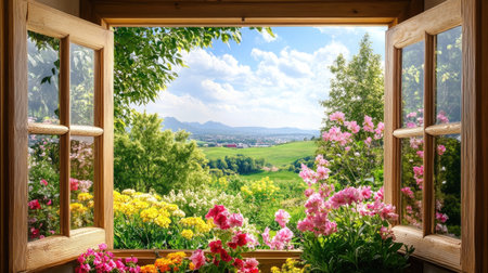 A stunning view from a wooden window showcasing a vibrant garden filled with colorful flowers under a bright sky. A perfect representation of nature's beauty.の素材