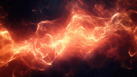 This captivating image depicts a vibrant cosmic nebula with fiery orange and red hues, swirling in the vastness of space, highlighting the beauty of the universe.の素材