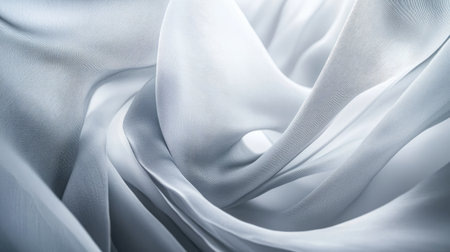 A close-up of soft white fabric flowing gracefully, capturing light and creating an elegant, airy aesthetic perfect for fashion and design projects.の素材