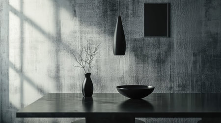 This image captures a minimalist interior scene featuring a black vase, a bowl, and wall art, highlighting shadows and natural light in a serene setting.の素材
