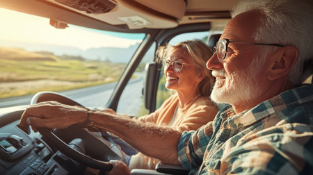 A happy senior couple drives through a picturesque landscape in their camper van during sunset. Their joyful expressions reflect the thrill of adventure and companionship.の素材