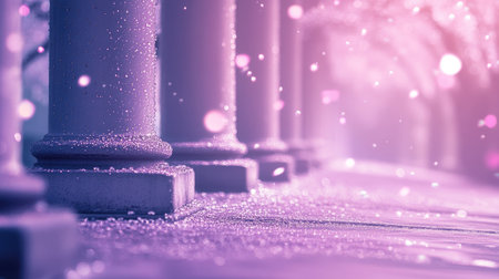 A serene and dreamy pathway lined with elegant columns, featuring soft purple tones and gentle lights creating an enchanting atmosphere perfect for artistic projects.の素材