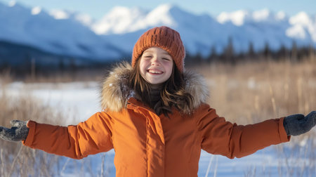 A cheerful girl in an orange winter jacket stands joyfully in the snow, surrounded by stunning mountains. The scene captures the essence of winter bliss and adventure.の素材