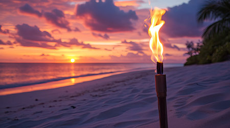 A captivating tropical sunset featuring a glowing flame torch on a sandy beach. The scene evokes feelings of tranquility and natural beauty in paradise.の素材