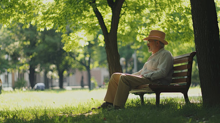 A senior man sits alone on a bench in a lush green park, wearing a stylish hat. The scene captures a moment of peace and contemplation amidst nature.の素材
