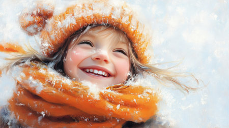 A cheerful child with a joyful expression smiles in a winter wonderland. Wearing a cozy orange scarf and hat, the scene captures the essence of happiness in a snowy landscape.の素材