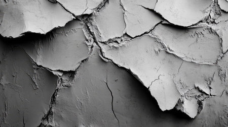 A close-up view of a textured surface featuring cracked gray paint layers. The monochrome aesthetic offers a minimalistic and abstract quality, perfect for various design applications.の素材