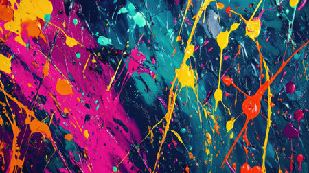 A vibrant abstract background featuring colorful splatter paint. The energetic patterns create a bold visual appeal, perfect for modern art enthusiasts.の素材