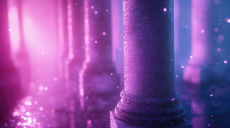 Explore a captivating scene featuring shimmering columns surrounded by a dreamy mist. The ethereal glow of purple and blue light creates a mystical atmosphere, perfect for artistic projects.の素材