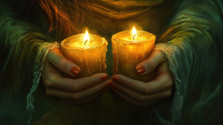 Two lit candles emanate a warm, inviting glow in gentle hands. The soft light creates a serene atmosphere, perfect for evoking feelings of peace and tranquility.の素材
