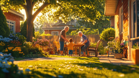 A heartwarming scene of grandparents engaging with a child in a vibrant garden, filled with blooming flowers and warm sunlight, symbolizing love and family bonds.の素材