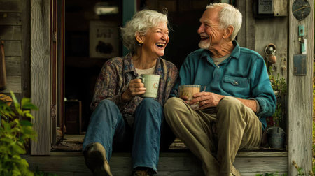 A joyful senior couple sits on their porch, sharing laughter and coffee. Their bond showcases warmth, love, and companionship amidst a tranquil setting.の素材