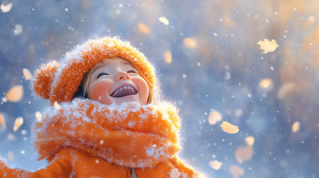 A cheerful child enjoys a winter day, playing joyfully in fresh snow. Wearing an orange scarf and hat, the child radiates happiness amidst the falling leaves.の素材