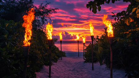 A stunning tropical beach scene featuring flaming tiki torches illuminating a picturesque sunset. This tranquil setting captures vivid colors with serene ocean waves, perfect for relaxation and vacation vibes.の素材
