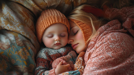 A heartwarming scene of a mother and her baby peacefully sleeping together, wrapped in cozy knitwear blankets, radiating love and warmth.の素材