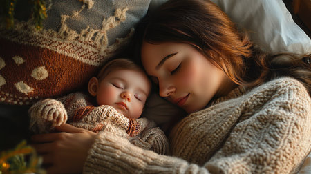 A tender moment capturing a mother and her peacefully sleeping baby. The cozy atmosphere features warm sweaters and soft textures, evoking feelings of love and comfort.の素材