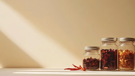 A serene display of glass jars containing a variety of dried spices. The warm sunlight creates a gentle shadow, enhancing the vibrant colors and textures.の素材