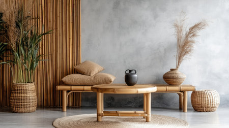 This interior scene features bamboo furniture and natural accents, creating a tranquil and cozy atmosphere ideal for modern living.の素材