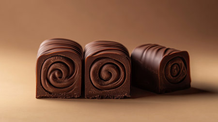 Three delightful swirls of milk chocolate arranged on a smooth surface, showcasing rich textures and a glossy finish, perfect for desserts or celebrations.の素材